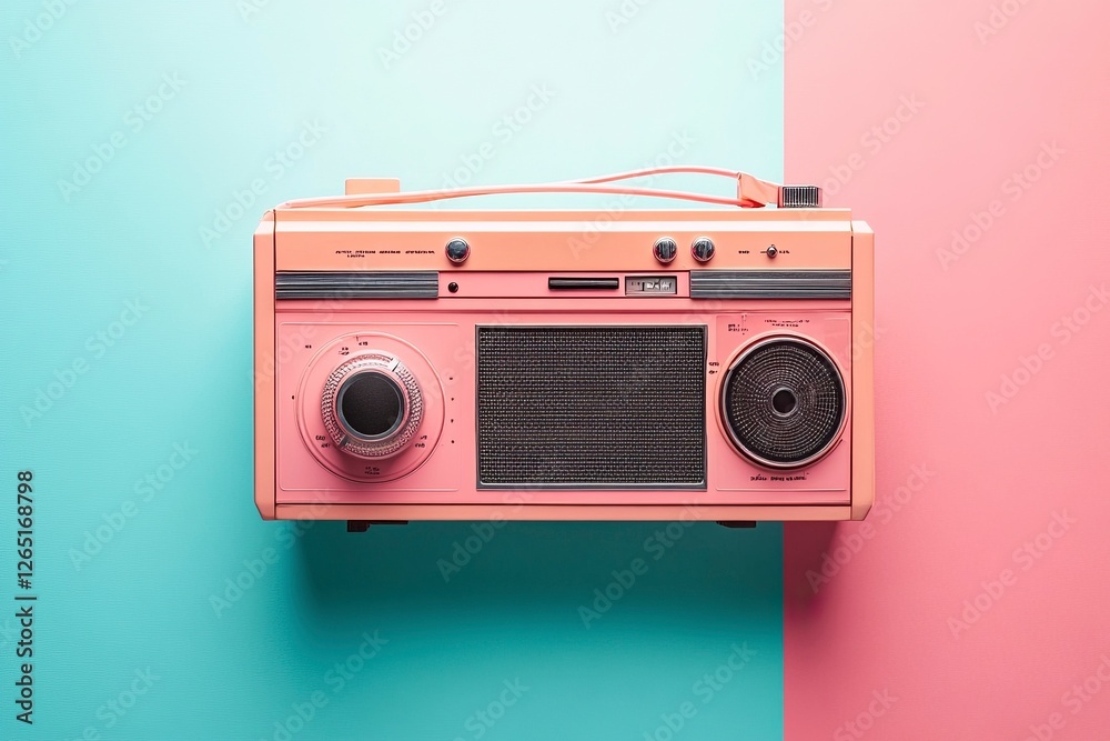Fototapeta premium A retro pink boombox on a colorful background, minimalist in style, captured in a flat lay photography setup, suitable for use as a stock photo.