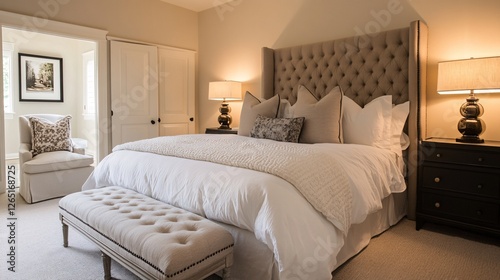 Interior of a hotel bedroom with wooden bed and pillows.