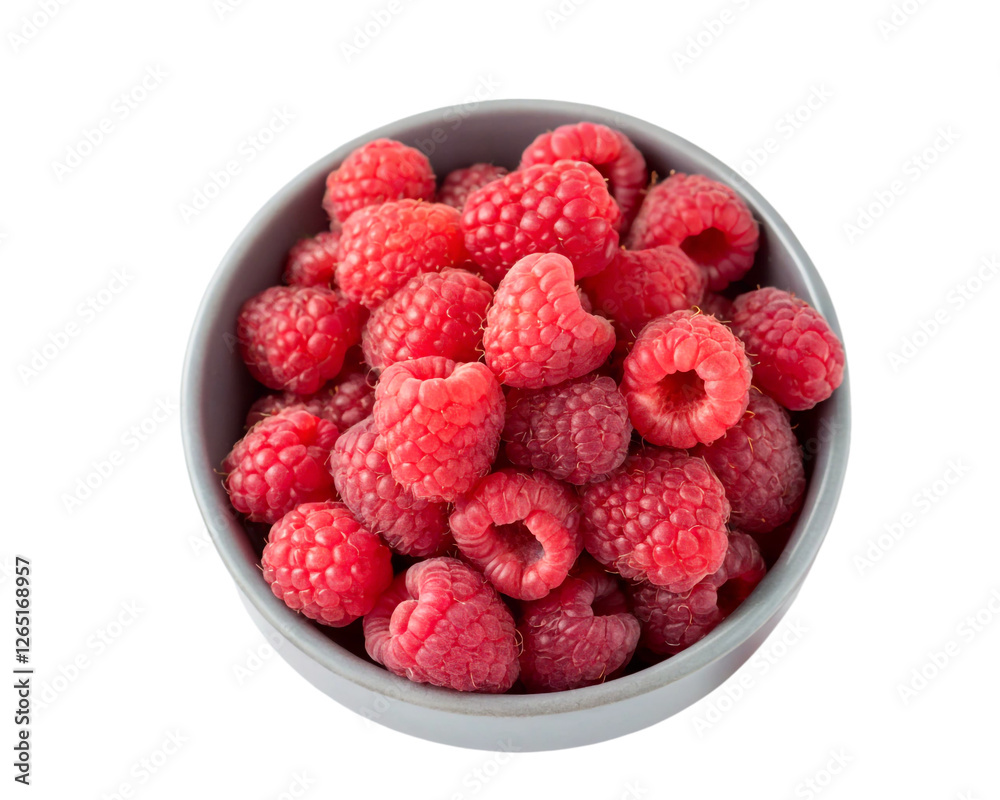 Fresh raspberries in a gray bowl isolated on transparent background, top view Fresh raspberries in a gray bowl isolated on transparent background, top view