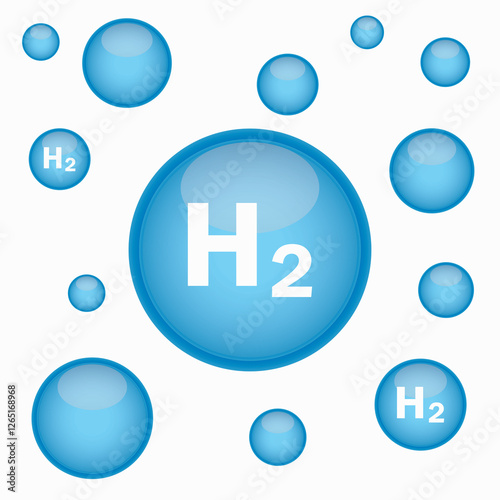 Hydrogen H2 blue bubbles background symbol. Chemical model. Concept of hydrogen H2. Renewable eco-energy. Hydrogen energy based on renewable energy sources and electricity. Vector illustration EPS.