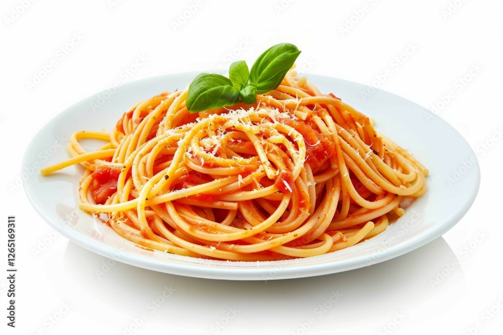 Delicious spaghetti with tomato sauce and basil on white plate. AI image Delicious spaghetti with tomato sauce and basil on white plate. AI image