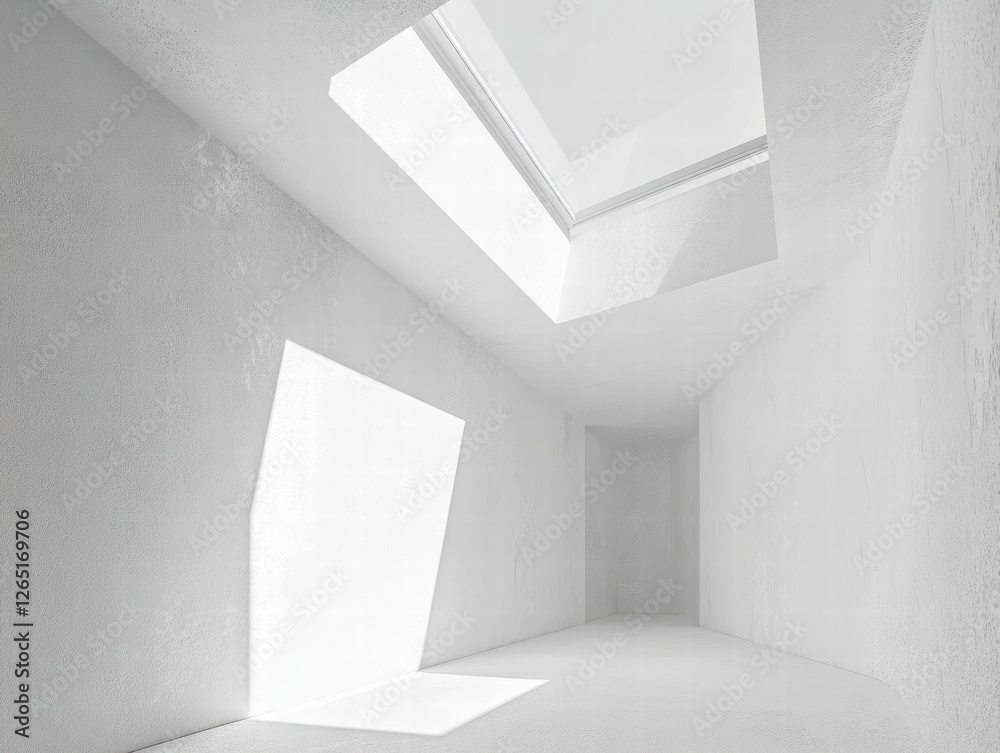 A white room with a large window and a skylight A white room with a large window and a skylight