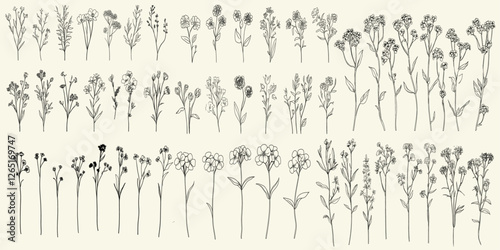 Elegant black line art of verbena flowers and greenery for wedding invitations, logos, and stationery, featuring hand-drawn herbs and floral branch illustrations, wedding branding.