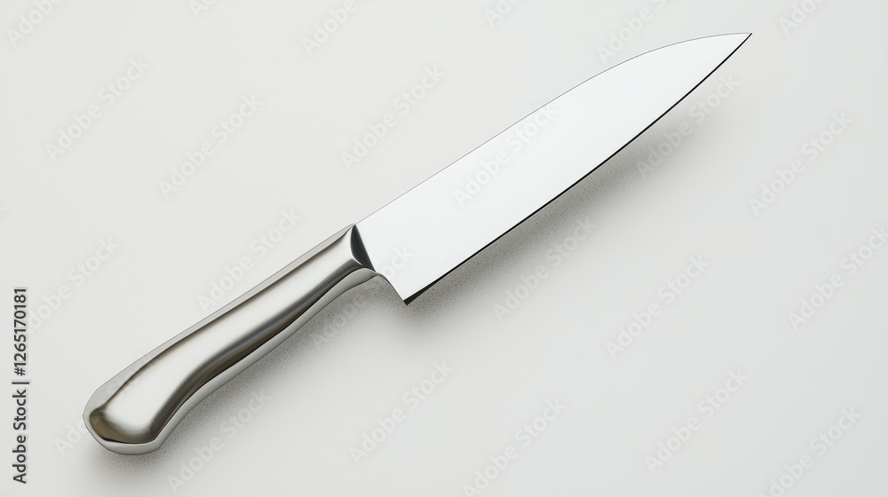 Obraz premium A sleek, stainless steel knife lies on a neutral background, showcasing its sharp blade and ergonomic handle, ideal for culinary tasks.