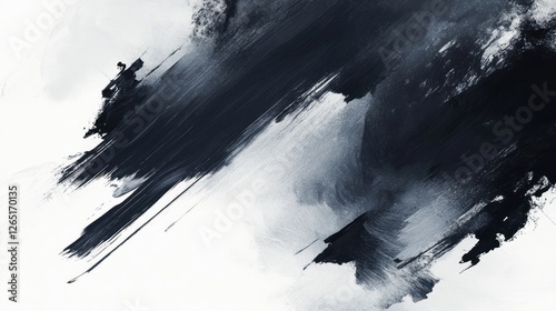 Abstract brush strokes, dark ink paint splashes on white background