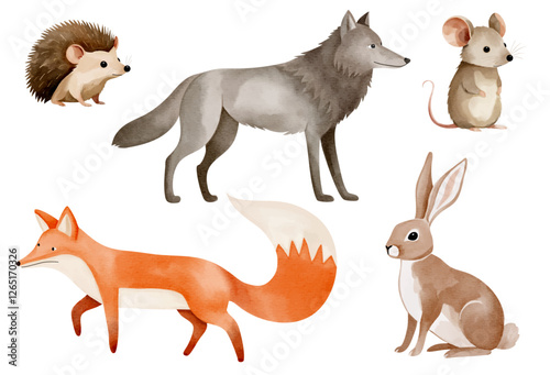 Fox, wolf, bunny, mouse, hedgehog. Watercolor woodland animals. Set of hand drawn wild forest animals.