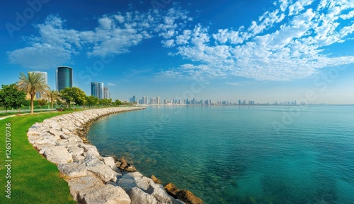 A beautiful beach with a city in the background photo