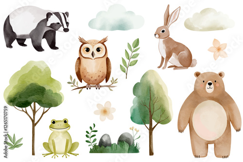 Watercolor woodland animals. Set of hand drawn wild forest animals. Owl, bear, rabbit, frog, badger