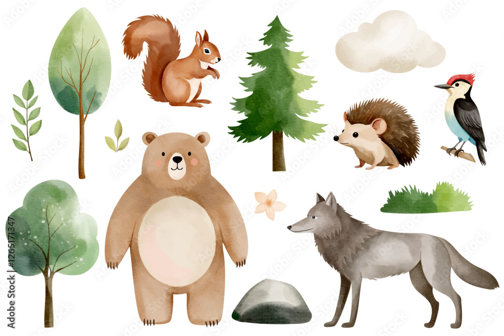 Naklejka premium Set of hand drawn forest animals. Bear, wolf, hedgehog, squirrel, woodpecker. Watercolor woodland animals.