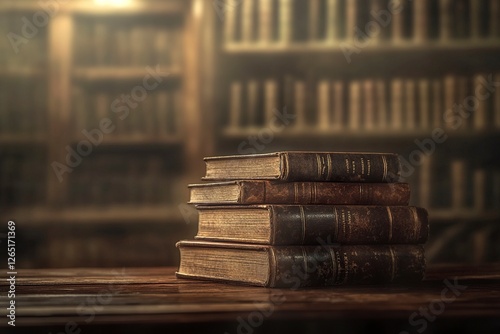 A stack of antique books with leather covers and gold-backed titles, placed on an old wooden table in front of shelves filled with other old books, against the backdrop of a classic library or study. 
