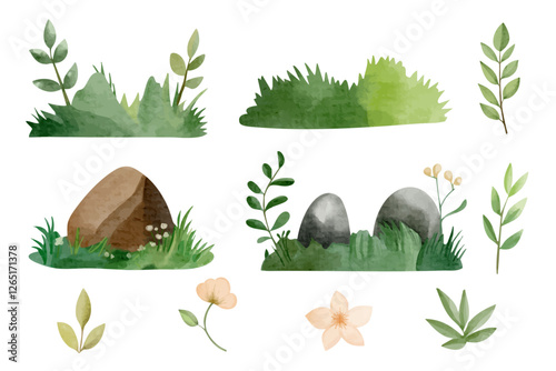 Set of watercolor nature elements. Watercolor grass, branches, stones, flowers, bushes. Woodland.