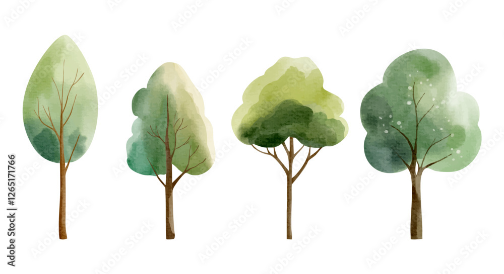 Set of watercolor trees. Hand drawn woodland collection. Oak, maple. Forest trees