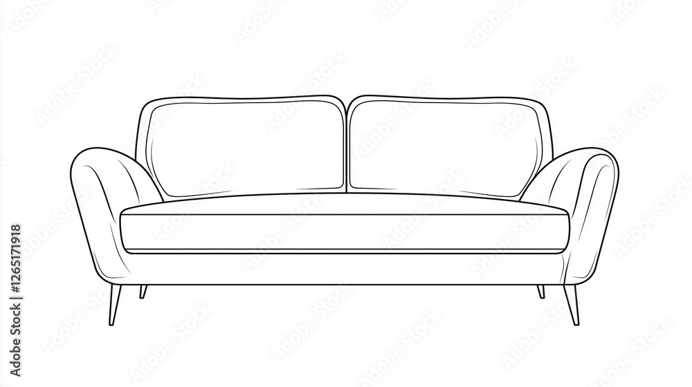 A simple line drawing of an elegant mid-century sofa, a vector graphic on a white background A simple line drawing of an elegant mid-century sofa, a vector graphic on a white background