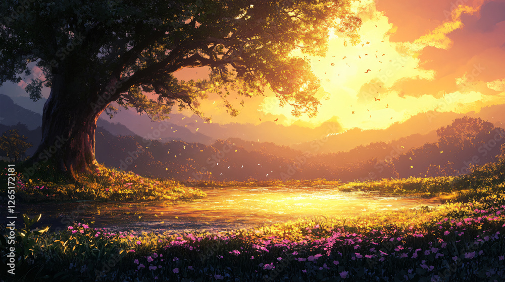 Obraz premium Majestic sunset under ancient tree golden glowing sky breathtaking landscape peaceful serene warm atmosphere cinematic lighting artistic dramatic picturesque tranquil dreamy ray blur dawn shine park