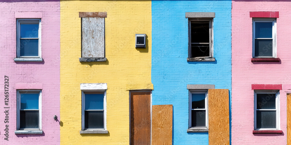 Fototapeta premium Brick Building Facade with Pastel Paint and Boarded Windows