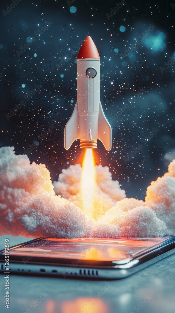 Naklejka premium A dynamic scene showcasing a rocket taking off from a smartphone amidst colorful cosmic clouds, symbolizing progress and the fusion of technology with imagination.