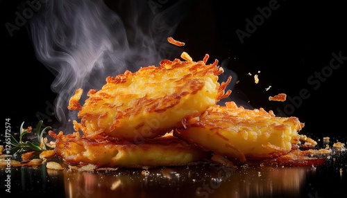 Steaming golden potato rosti on black reflective surface, crispy and freshly cooked.