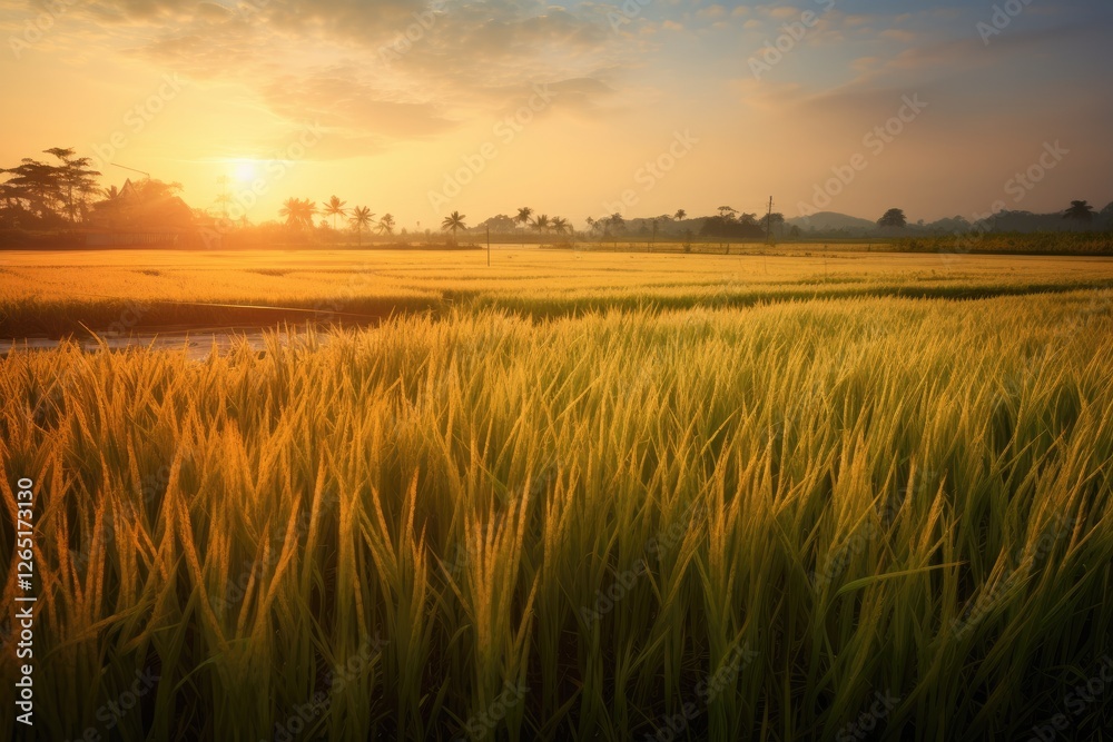 Fototapeta premium Sunrise backdrop of a pre harvest paddy field