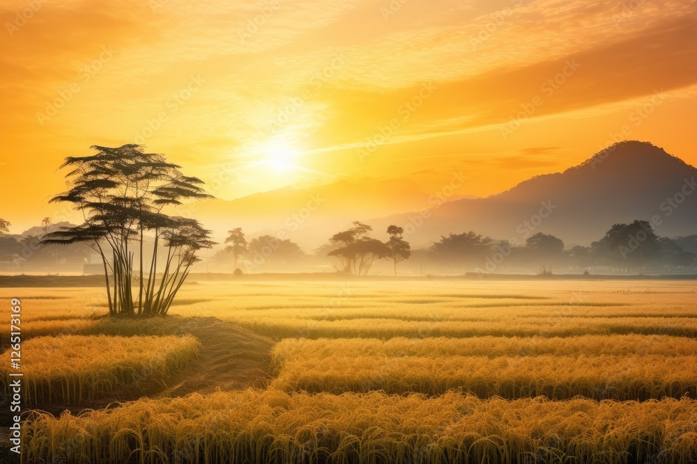 Fototapeta premium Sunrise backdrop of a pre harvest paddy field