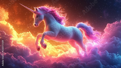 Magical unicorn leaps through vibrant cosmic clouds