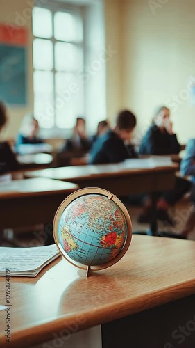 Students focused on lessons while a globe rests on a desk in a classroom setting during school hours