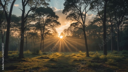 Sunlight rays shining through trees in a misty forest during sunrise with lush green undergrowth and soft lighting Copy Space photo