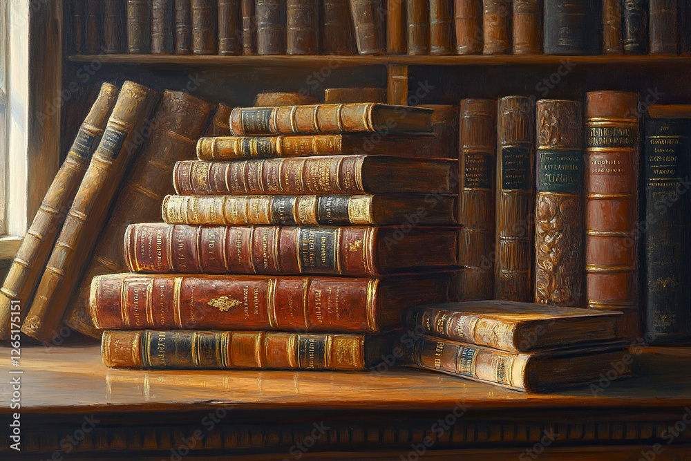 A stack of antique books with leather covers and gold-backed titles, placed on an old wooden table in front of shelves filled with other old books, against the backdrop of a classic library or study. A stack of antique books with leather covers and gold-backed titles, placed on an old wooden table in front of shelves filled with other old books, against the backdrop of a classic library or study.
