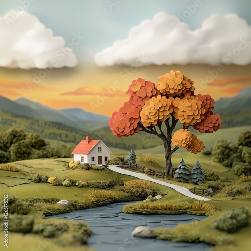 Colorful Paper Art Landscape with a Charming House Beside a Stream and Vibrant Trees Under a Scenic Sky photo