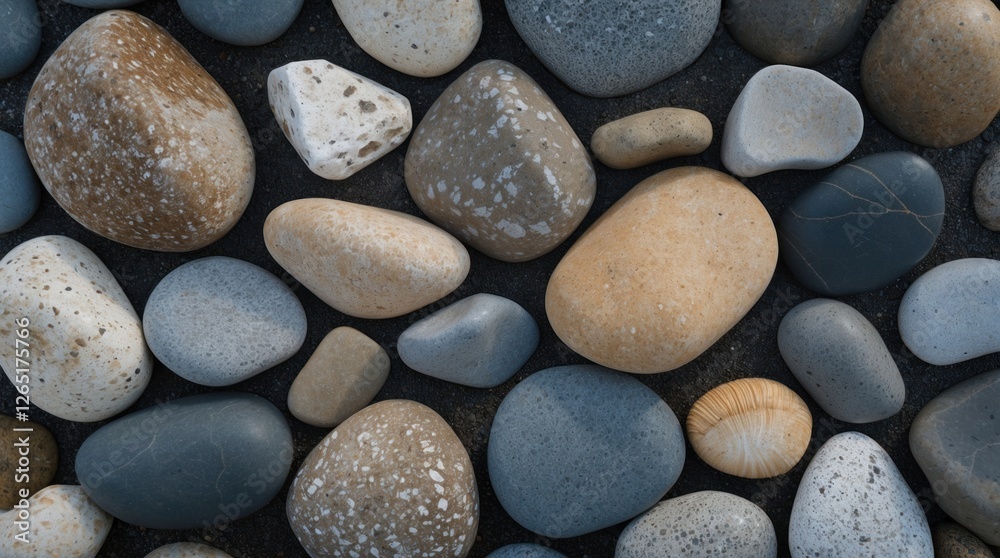 Various textured stones and pebbles on a dark surface with one seashell among them Copy Space Various textured stones and pebbles on a dark surface with one seashell among them Copy Space