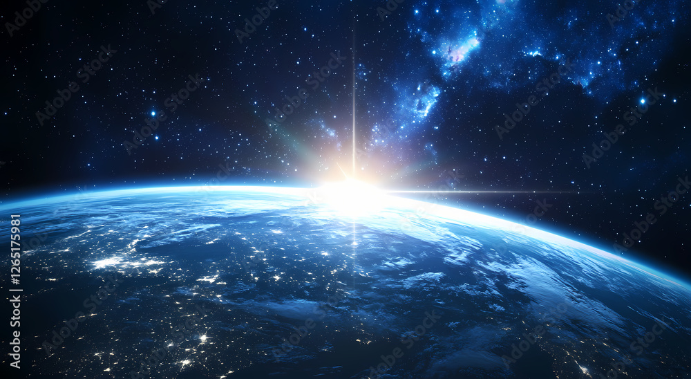 Fototapeta premium Earth with Europe and surrounding view at night, starry sky background, dark blue color theme