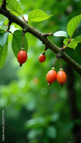 Pods hanging from branches of Gum Arabic tree in a lush green forest, , botanical, plants photo