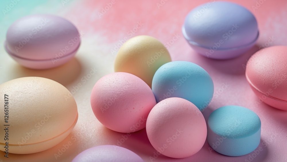 Pastel colored eggs and macarons arranged on a lightly colored surface with soft lighting and smooth textures Copy Space Pastel colored eggs and macarons arranged on a lightly colored surface with soft lighting and smooth textures Copy Space