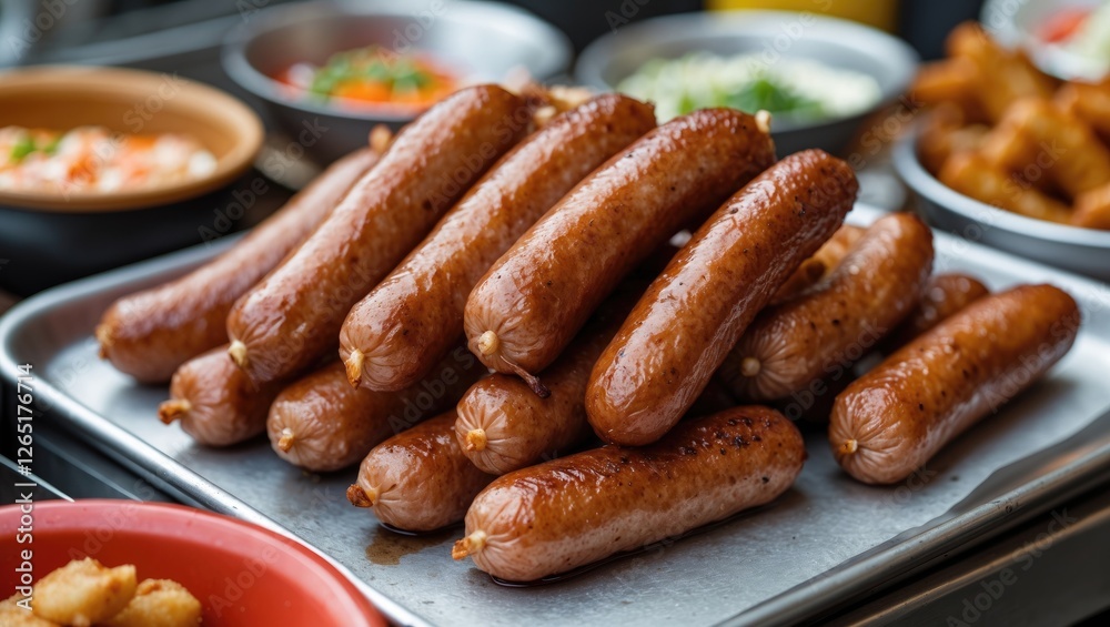 Grilled sausages piled on a metal tray with various side dishes in the background including sauces and toppings Copy Space Grilled sausages piled on a metal tray with various side dishes in the background including sauces and toppings Copy Space