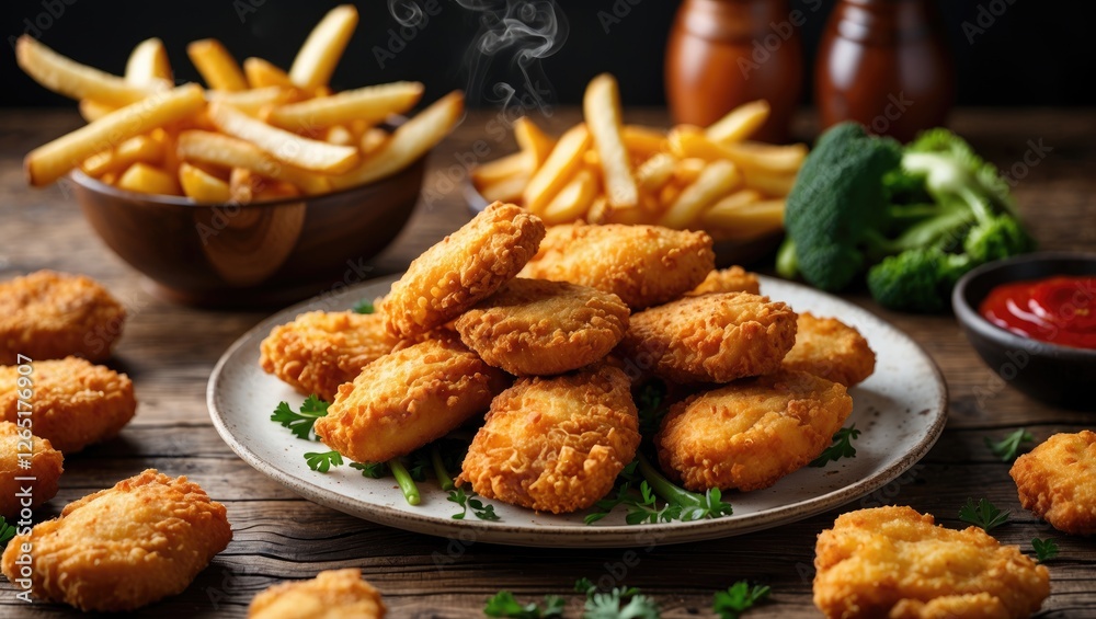 Fried chicken nuggets and crispy French fries with broccoli on wooden table with condiments in background and copy space available