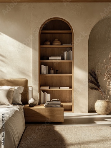 Elegant bedroom features arched shelving and earthy neutral tones
