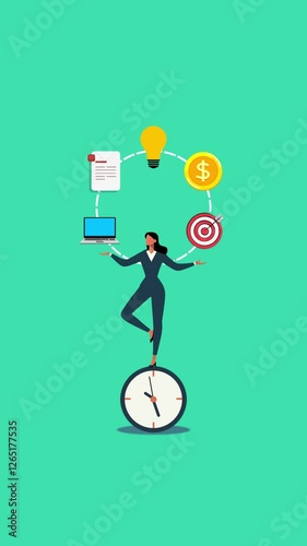 The Art of Time Mastery, A 4K Vertical Animation of a Businesswoman Gracefully Balancing on a Clock While Managing Tasks Efficiently