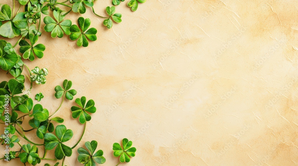 A serene background featuring vibrant green clovers against a soft, beige texture, ideal for nature-themed designs or St. Patrick's Day celebrations. A serene background featuring vibrant green clovers against a soft, beige texture, ideal for nature-themed designs or St. Patrick's Day celebrations.