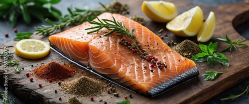 Fresh salmon fillet garnished with herbs and spices on wooden cutting board with lemon slices and colorful peppercorns, Copy Space photo