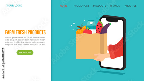 Farm fresh product concept. Landing page design for online grocery shop.Farm food delivery via smartphone app.Vector illustration