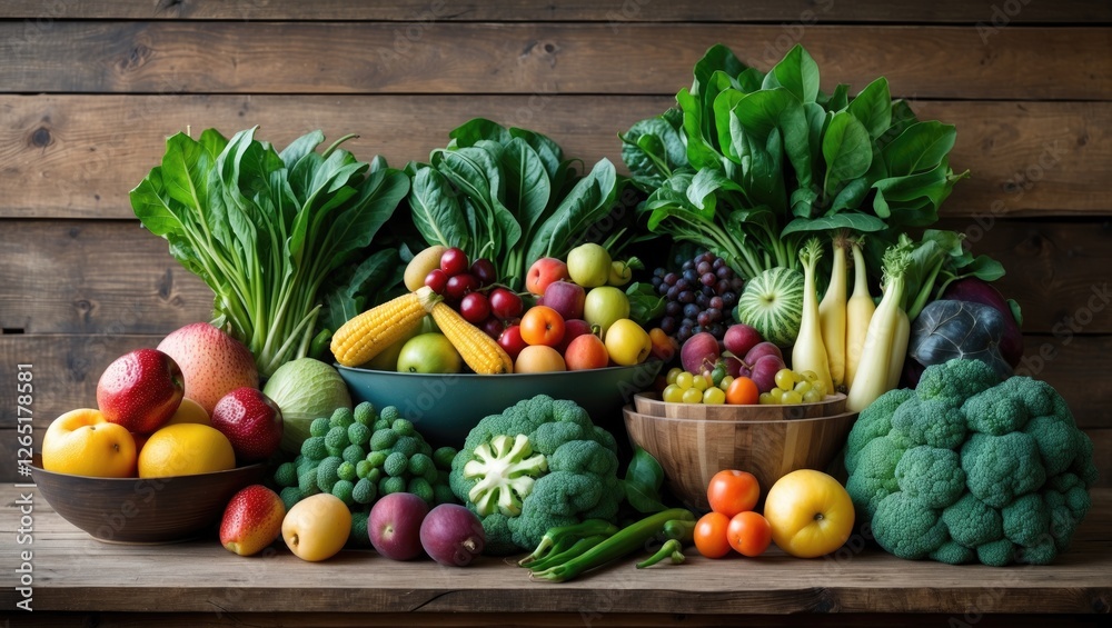 Assorted fresh fruits and vegetables arranged on wooden background with bowls and leafy greens Copy Space Assorted fresh fruits and vegetables arranged on wooden background with bowls and leafy greens Copy Space