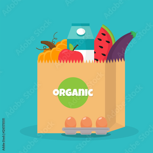 Bag of natural food, organic fruits and vegetable.Grocery purchases.Vector Illustration