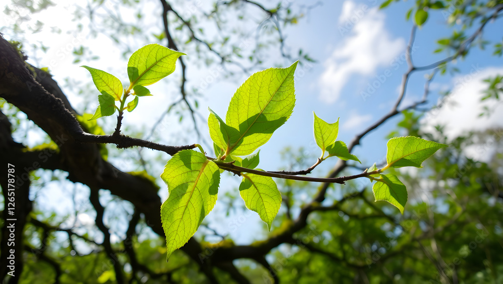 Fototapeta premium New Spring Leaves: Vibrant, fresh green leaves sprout on a tree branch, basking in the sunlight against a bright blue sky. A close-up view showcasing the delicate details of new growth in springtime.
