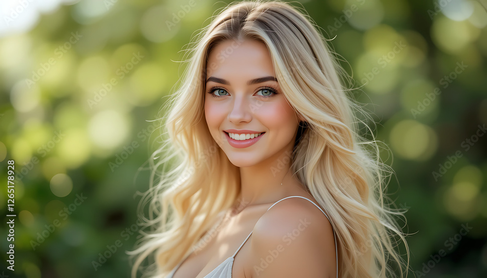 Naklejka premium Stunning portrait of a beautiful young blonde woman with long wavy hair smiling outdoors in a summer park