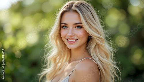 Stunning portrait of a beautiful young blonde woman with long wavy hair smiling outdoors in a summer park