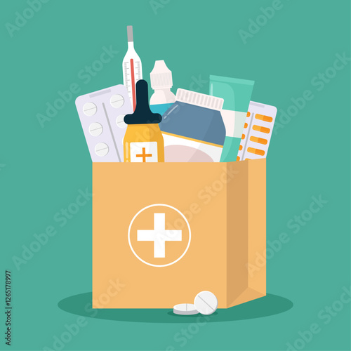 Medicines,pills, drugs, bottles,thermometer and health care medical elements in a paper bag .Vector illustration