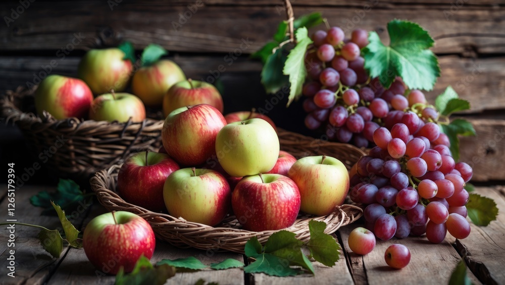 Fresh apples and grapes arranged in baskets on wooden background with green leaves and copy space for text Fresh apples and grapes arranged in baskets on wooden background with green leaves and copy space for text