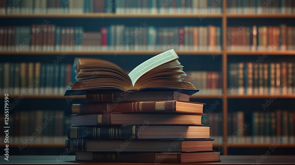 A stack of books with an open book on top, with a blurred background of shelves in a library or school. This high-resolution photo is the winner of a stock photo contest.