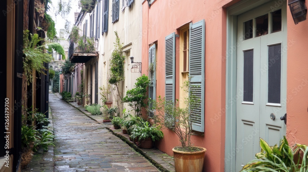 Charleston Alleyway with Colorful Buildings and Plants Charleston Alleyway with Colorful Buildings and Plants