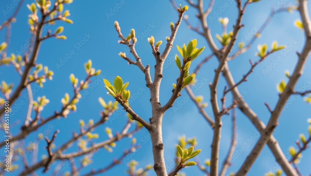 New buds appearing on tree branches against a clear blue sky with bright sunlight illuminating the fresh green leaves and fine details. Copy Space New buds appearing on tree branches against a clear blue sky with bright sunlight illuminating the fresh green leaves and fine details. Copy Space