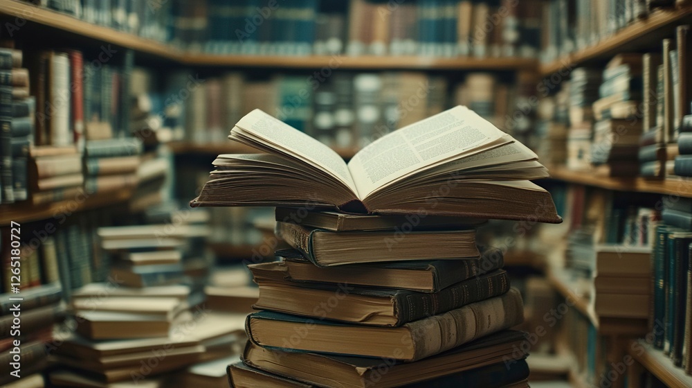 A stack of books with an open book on top, with a background of shelves in a library or school library. The focus is sharp and detailed, capturing the depth and texture of each page of text and cover. A stack of books with an open book on top, with a background of shelves in a library or school library. The focus is sharp and detailed, capturing the depth and texture of each page of text and cover.